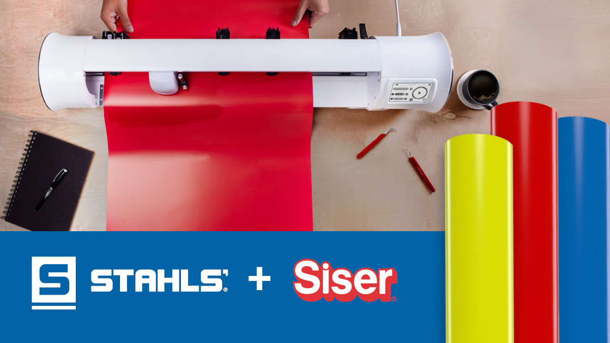 stahls + siser with image of the romeo cutter and rolls of heat transfer vinyl