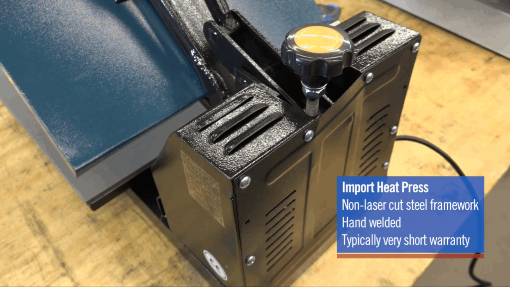 Import Heat Press
Non-laser cut steel framework
Hand welded
typically very short warranty