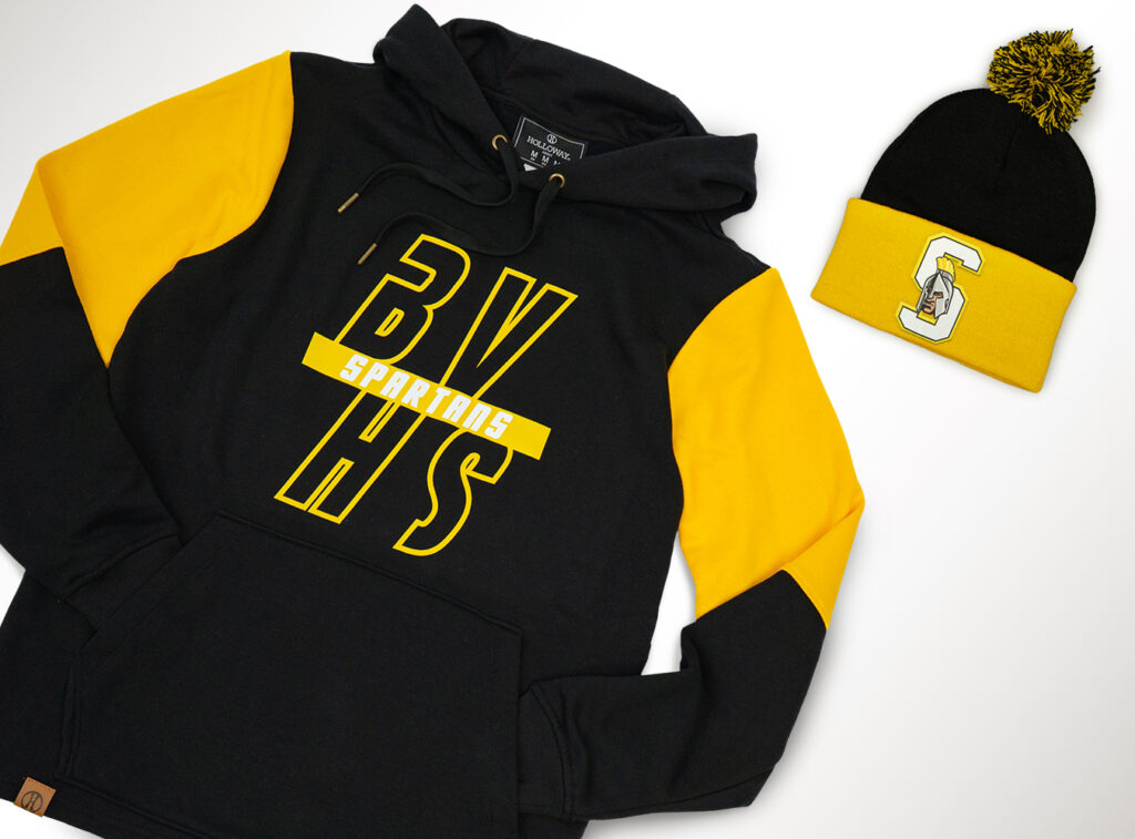 Trendy fall spirit wear: black and yellow hoodie and beanie