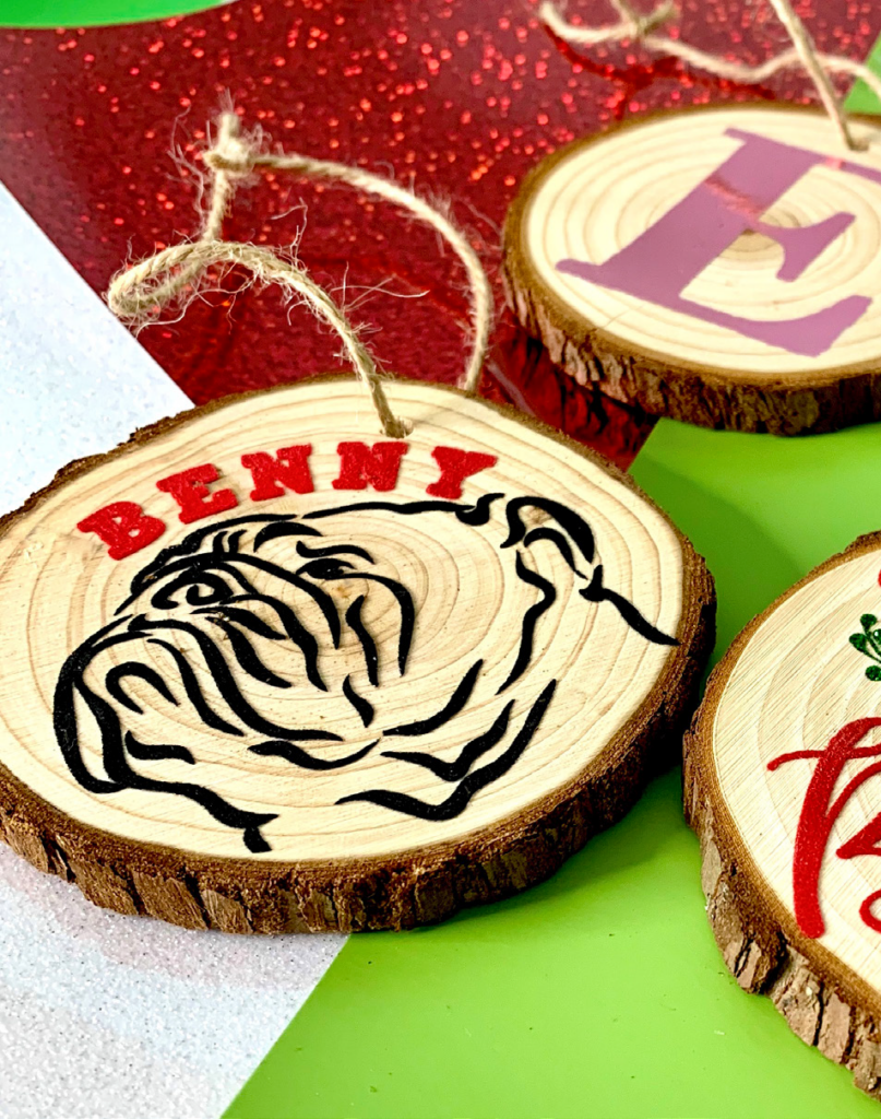 wood slice ornament with bulldog design and "benny"